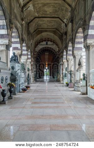 Milan, Italy - May 29, 2018: Inside The Main Building Of The Cimitero Monumentale (monumental Cemete
