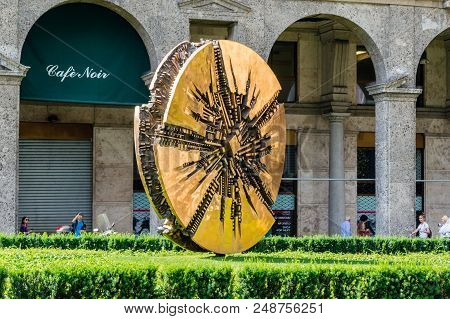 Milan, Italy - May 29, 2018: Disco Di Arnaldo Pomodoro Art At Piazza Filippo Meda In Milan.