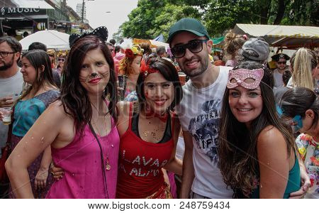 Sao Paulo, Brazil - February 3, 2018: An Unidentified Group Of Happy Brazilian People Celebrating Ca