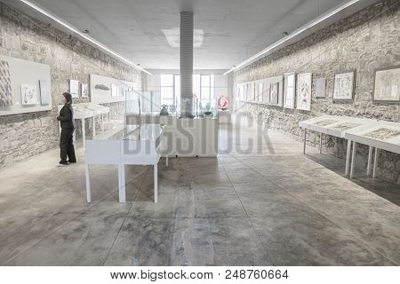 Bayburt, Turkey - June 20, 2018: Extraordinary Baksi Museum rising in Bayraktar village, where only 480 people living in 80 houses. Warehouse museum interior.