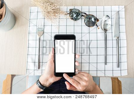 Woman Use Mobile Phone Apps At Restaurant Table.mobile Payment.digital Leisure Lifestyle.mock Up Tem