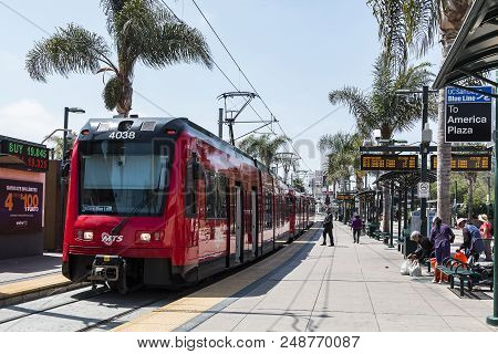 San Ysidro, California/usa - June 20, 2018:  The San Diego Trolley At Its Southernmost Location, Nea