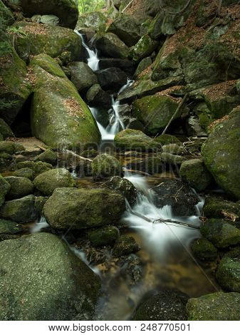 Waterfall, Cascade Between Big Rocks In Ravine Ysperklamm (waldviertel, Austria)