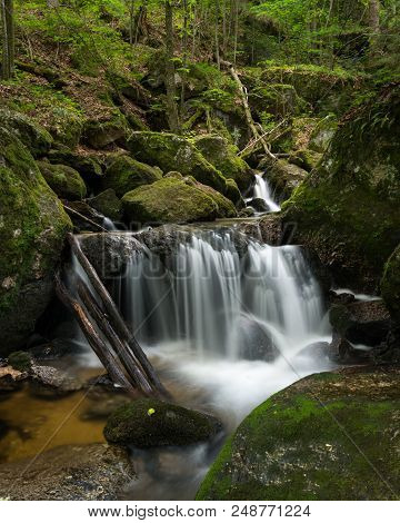 Waterfall, Cascade Between Big Rocks In Ravine Ysperklamm (waldviertel, Austria)