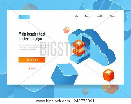 Cloud Data Storage, Remote Server Room, Cloud With Conveyor And Data Block, Solve Access Isometric V