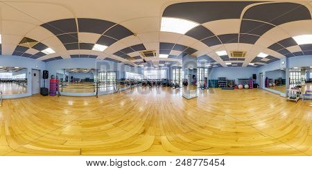 Minsk, Belarus - July, 2017: Full Seamless Panorama 360 Angle View In Interior Of Stylish Fitness Cl