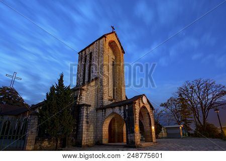 Ancient Stone Church Of Sapa With Blue Night Sky Most Popular Traveling Destination In Sapa Norhtern