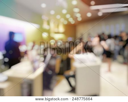 Blurred Images Abstract Background Of People Waiting Bank Teller Cashier Counter Service On Seat  In
