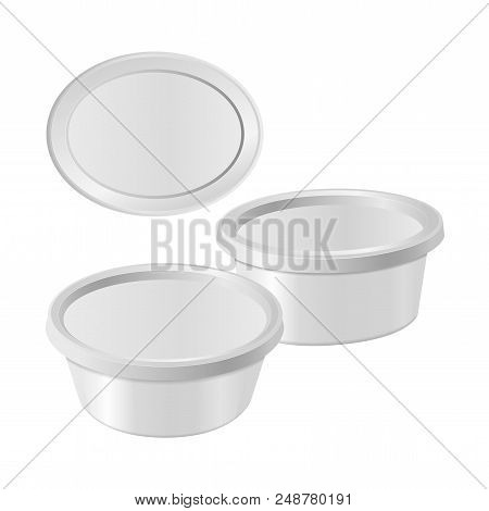 White Oval Plastic Box For Your Design And Logo. Mock Up For Cheese, Cream Cheese, Butter, Etc. Side