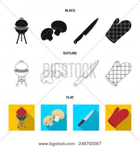 Barbeque Grill, Champignons, Knife, Barbecue Mitten.bbq Set Collection Icons In Black, Flat, Outline