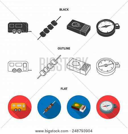 Trailer, Shish Kebab, Matches, Compass. Camping Set Collection Icons In Black, Flat, Outline Style V