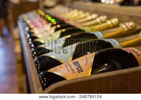 Bottles Of Sparkling Wine On A Wooden Shelf, Abrau-dyurso Winery, Russia - 27 August, 2015