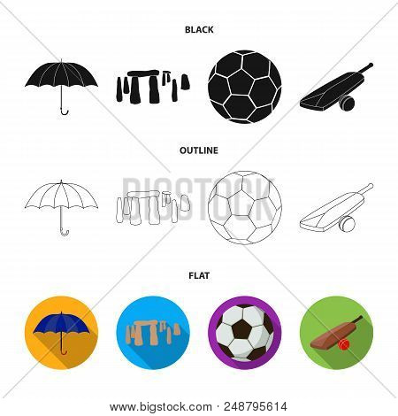 Umbrella, Stone, Ball, Cricket .england Country Set Collection Icons In Black, Flat, Outline Style V