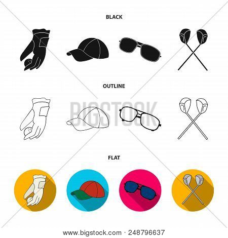 A Glove For Playing Golf With A Ball, A Red Cap, Sunglasses, Two Clubs. Golf Club Set Collection Ico