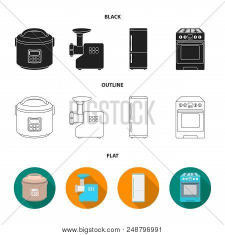 Multivarka, Refrigerator, Meat Grinder, Gas Stove.household Set Collection Icons In Black, Flat, Out