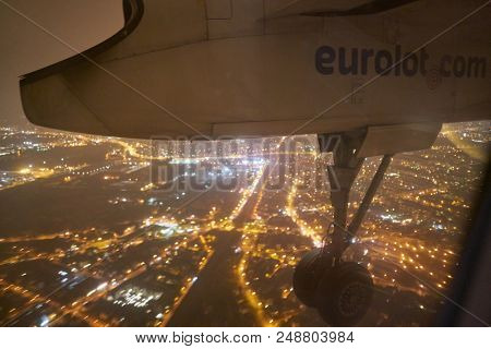 WARSAW, POLAND - CIRCA NOVEMBER, 2017: view form Eurolot Bombardier Q400 NextGen.