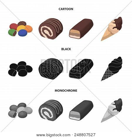 Dragee, Roll, Chocolate Bar, Ice Cream. Chocolate Desserts Set Collection Icons In Cartoon, Black, M
