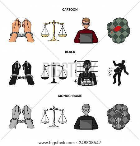 Handcuffs, Scales Of Justice, Hacker, Crime Scene.crime Set Collection Icons In Cartoon, Black, Mono