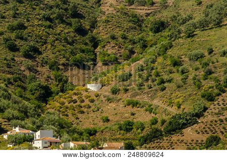 Concrete Irrigation Basin On High Hills In Andalusia, A Place Of Water Storage In Arid Areas