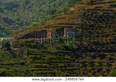 Concrete Irrigation Basin On High Hills In Andalusia, A Place Of Water Storage In Arid Areas