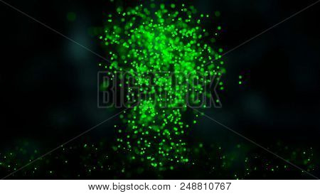 Created By Light Alphabet Over Black Background. Animation Of Flying Flickering Particles Form A Que
