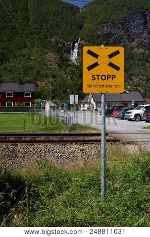 Railway sign STOP. Famous Railroad Flamsbahn. June 17,2018. Flam, Norway, Scandinavia.