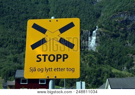 Railway sign STOP. Famous Railroad Flamsbahn. June 17,2018. Flam, Norway, Scandinavia.