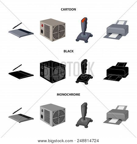Power Unit, Dzhostik And Other Equipment. Personal Computer Set Collection Icons In Cartoon, Black, 