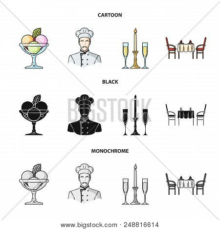 Ice Cream With Fruit, Chef, Candle And Glasses, A Covered Table.restaurant Set Collection Icons In C