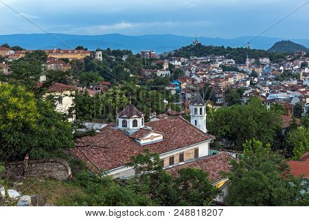 Plovdiv, Bulgaria - May 24, 2018: Night Panoramic Cityscape Of Plovdiv City From Nebet Tepe Hill, Bu