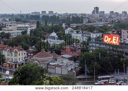 Plovdiv, Bulgaria - May 24, 2018: Night Panoramic Cityscape Of Plovdiv City From Nebet Tepe Hill, Bu