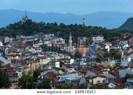 Plovdiv, Bulgaria - May 24, 2018: Night Panoramic Cityscape Of Plovdiv City From Nebet Tepe Hill, Bu