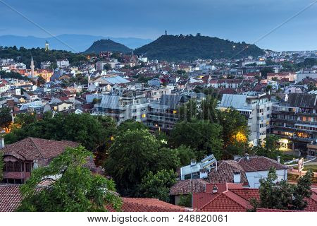 Plovdiv, Bulgaria - May 24, 2018: Night Panoramic Cityscape Of Plovdiv City From Nebet Tepe Hill, Bu