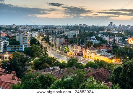 Plovdiv, Bulgaria - May 24, 2018: Night Panoramic Cityscape Of Plovdiv City From Nebet Tepe Hill, Bu