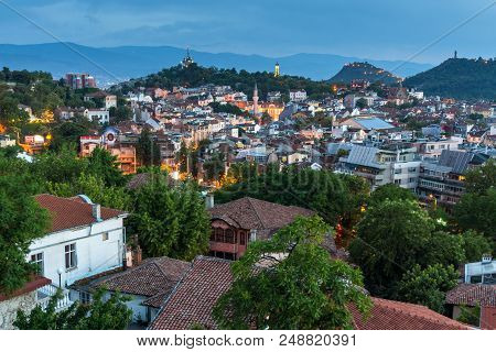 Plovdiv, Bulgaria - May 24, 2018: Night Panoramic Cityscape Of Plovdiv City From Nebet Tepe Hill, Bu