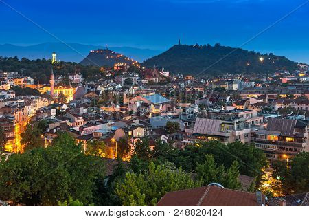 Plovdiv, Bulgaria - May 24, 2018: Night Panoramic Cityscape Of Plovdiv City From Nebet Tepe Hill, Bu