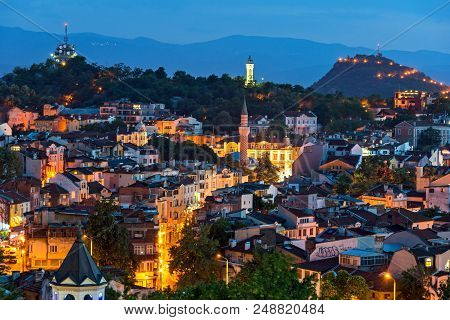 Plovdiv, Bulgaria - May 24, 2018: Night Panoramic Cityscape Of Plovdiv City From Nebet Tepe Hill, Bu