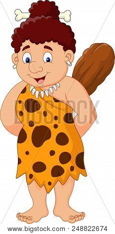 Illustration Of Cartoon Female Caveman Holding Club
