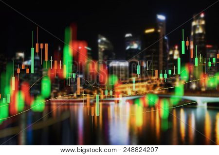 Stock Market Chart, Stock Market Data In Blue On Led Display Concept With City Scape Singapore Blur