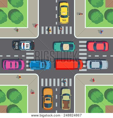 Crossroad Top View. Road Intersection With Crosswalk, Cars And People On Sidewalk. Vector Illustrati