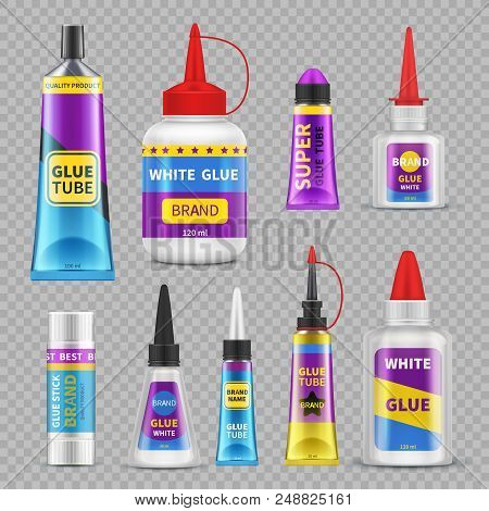 Glue Sticks. Adhesive Super Glue Tubes And Bottles. Realistic Isolated Vector Set Of Glue Tube And B