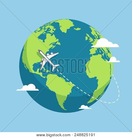Plane And Globe. Aircraft Flying Around Earth Planet With Continents And Oceans. Flat Vector Illustr