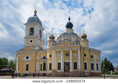 Myshkin, Russia - June 2, 2018: Russian Orthodox The Cathedral Of The Dormition In Small Provincial 