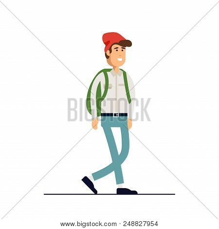 Colorful Vector Illustration Standing Happy Young Man Wearing Shirt And Denim Pants. Flat Cartoon Hi