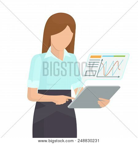Busy Business Woman With Tablet Colorful Poster, Vector Illustration Isolated On White Background, C