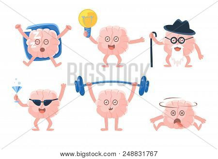 Set Of Funny Humanized Brains With Arms And Legs In Different Actions. Human Internal Organ. Cartoon