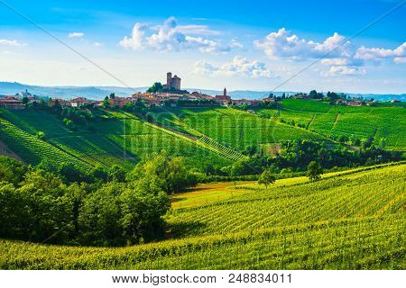 Langhe Vineyards Sunset Panorama, Serralunga D Alba, Unesco Site, Piedmont, Northern Italy Europe.