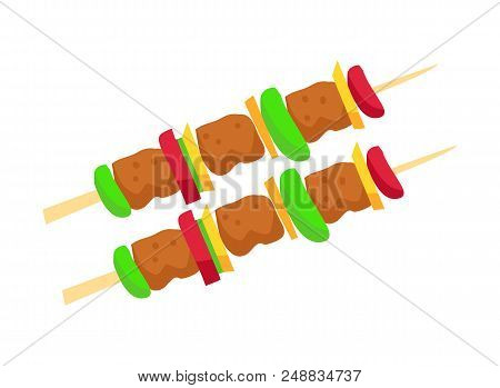 Brochette Meat And Vegetables, Brochette With Tomatoes And Pepper Meat, Food Cooked On Grill, Bbq Me