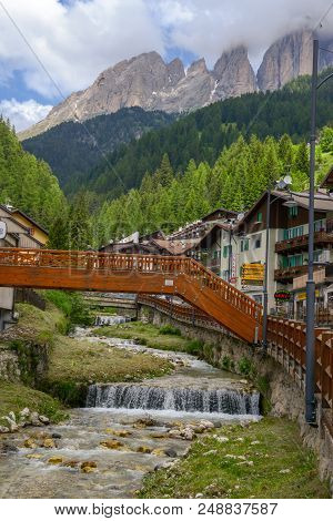 Village Of Canazei On Fassa Valley In Trentino Alto Adige, Italy