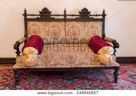 Ancient Khans Or Kings Room Interior With Old Sofa. Ancient Eastern Interior Design.